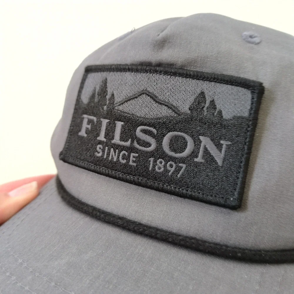 Filson Logger Mesh Snapback Hat Gray Mountain Patch Rope Cap Gorpcore Outdoor